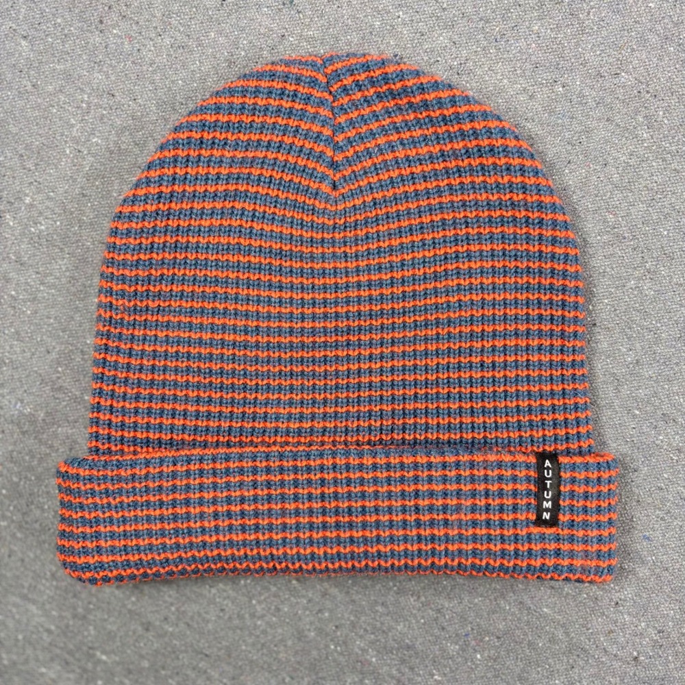 Autumn Beanie Unisex Adult OS Orange Grey Striped Knit Cuffed Hat RN46020